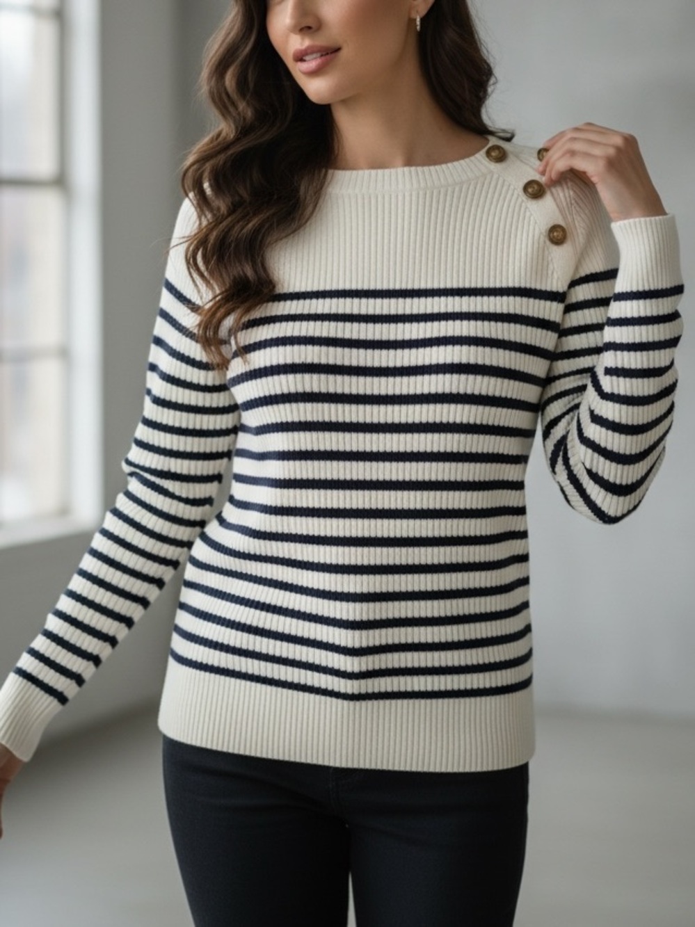 Talbots Cream and Navy Striped Crewneck Sweater with Shoulder Buttons
